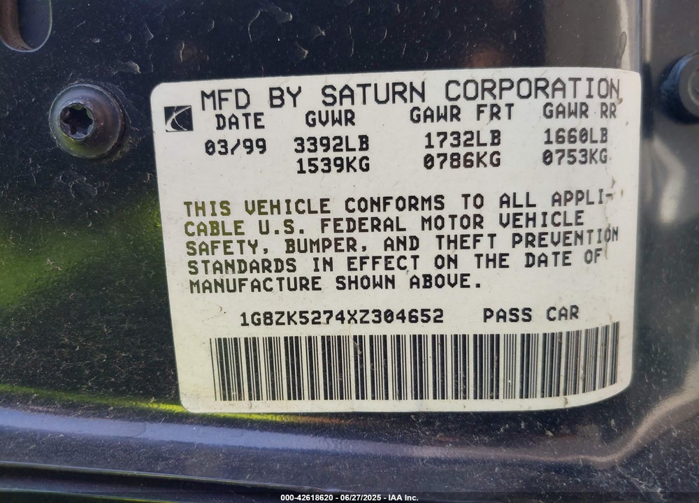 1999 SATURN SL2 VIN: 1G8ZK5274XZ304652