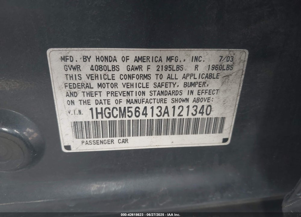 2003 HONDA ACCORD 2.4 LX VIN: 1HGCM56413A121340
