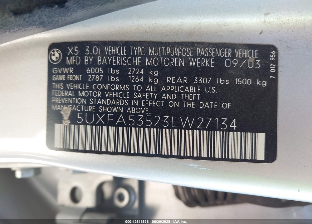 2003 BMW X5 3.0I VIN: 5UXFA53523LW27134