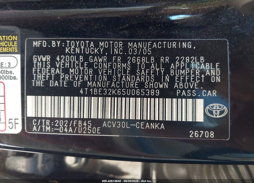 2005 TOYOTA CAMRY LE VIN: 4T1BE32K65U065389