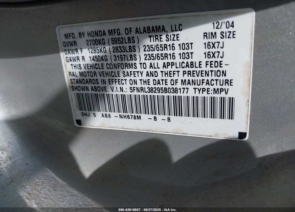 2005 HONDA ODYSSEY LX VIN: 5FNRL38295B038177