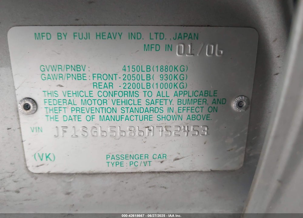 2006 SUBARU FORESTER VIN: JF1SG65686H752453