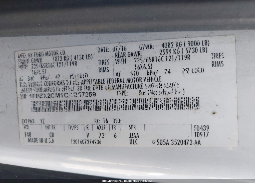 2016 FORD TRANSIT-350 XLT VIN: 1FBZX2CM1GKB57259