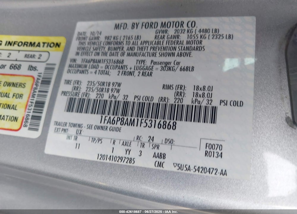 2015 FORD MUSTANG VIN: 1FA6P8AM1F5316868