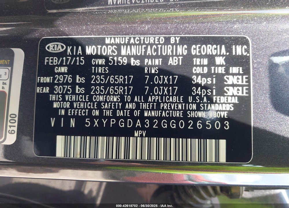 2016 KIA SORENTO VIN: 5XYPGDA32GG026503