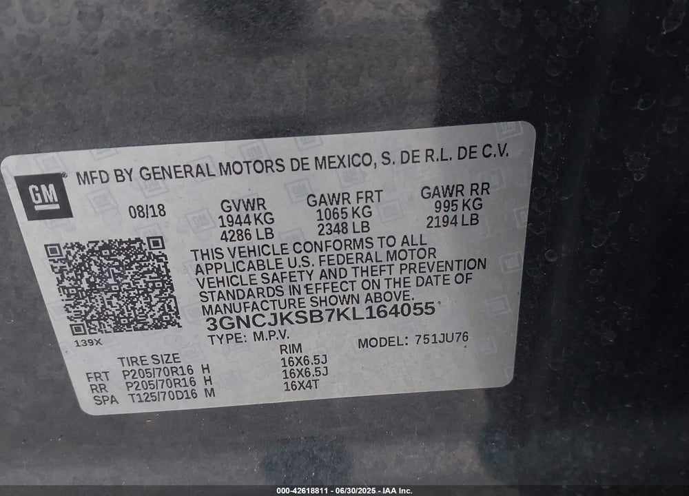 2019 CHEVROLET TRAX VIN: 3GNCJKSB7KL164055