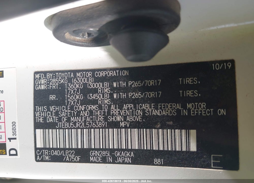 2020 TOYOTA 4RUNNER VIN: JTEBU5JR2L5763891