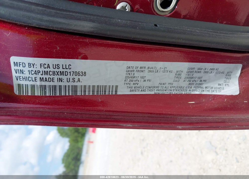 2021 JEEP CHEROKEE VIN: 1C4PJMCBXMD170638