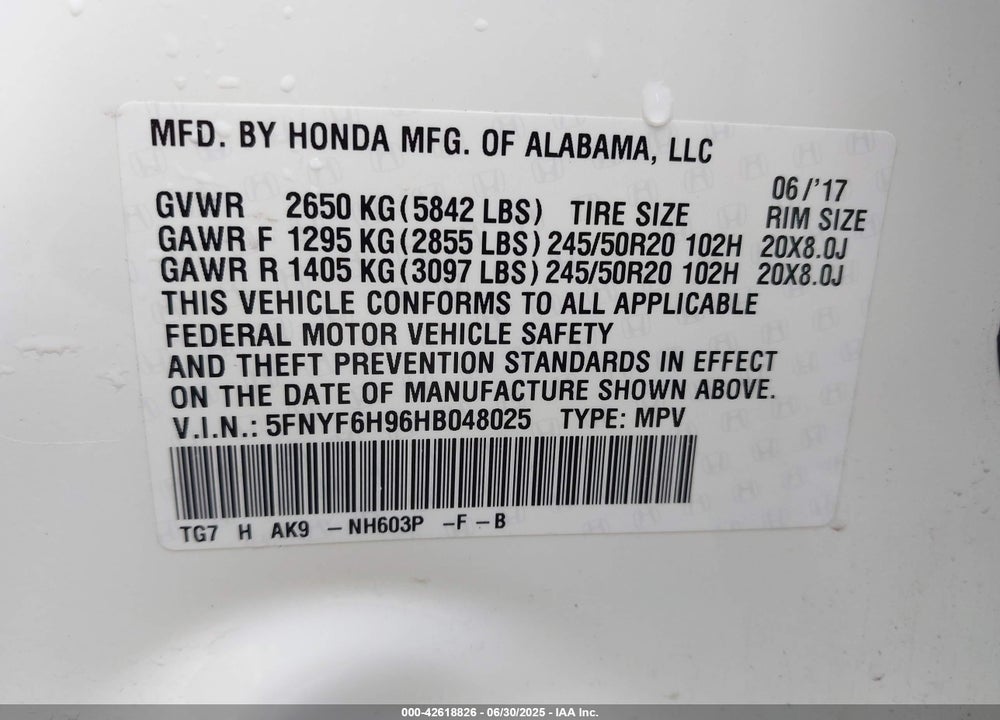 2017 HONDA PILOT VIN: 5FNYF6H96HB048025