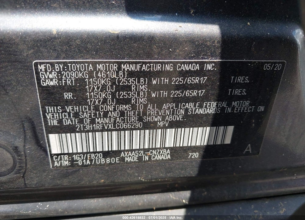 2020 TOYOTA RAV4 VIN: 2T3H1RFVXLC066290