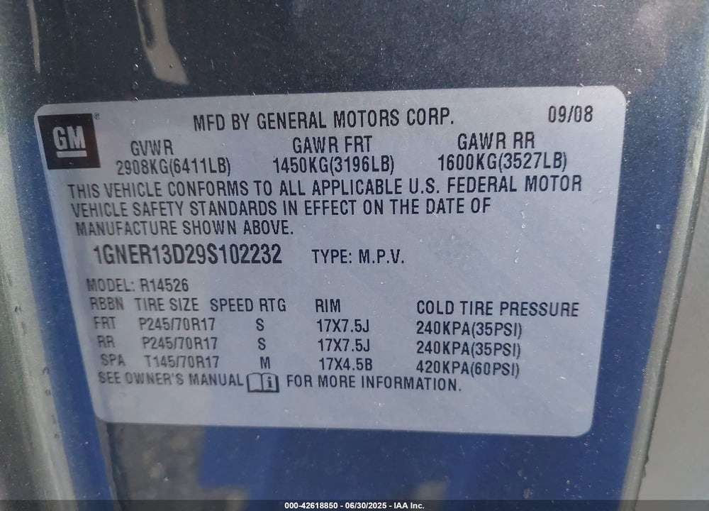2009 CHEVROLET TRAVERSE LS VIN: 1GNER13D29S102232
