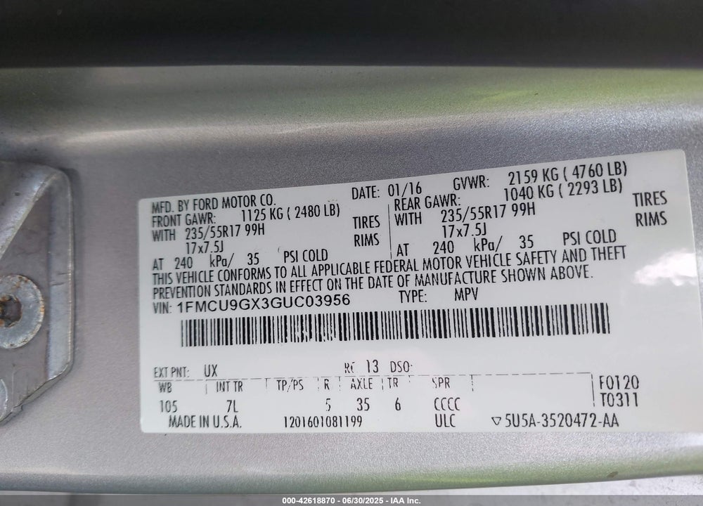 2016 FORD ESCAPE VIN: 1FMCU9GX3GUC03956