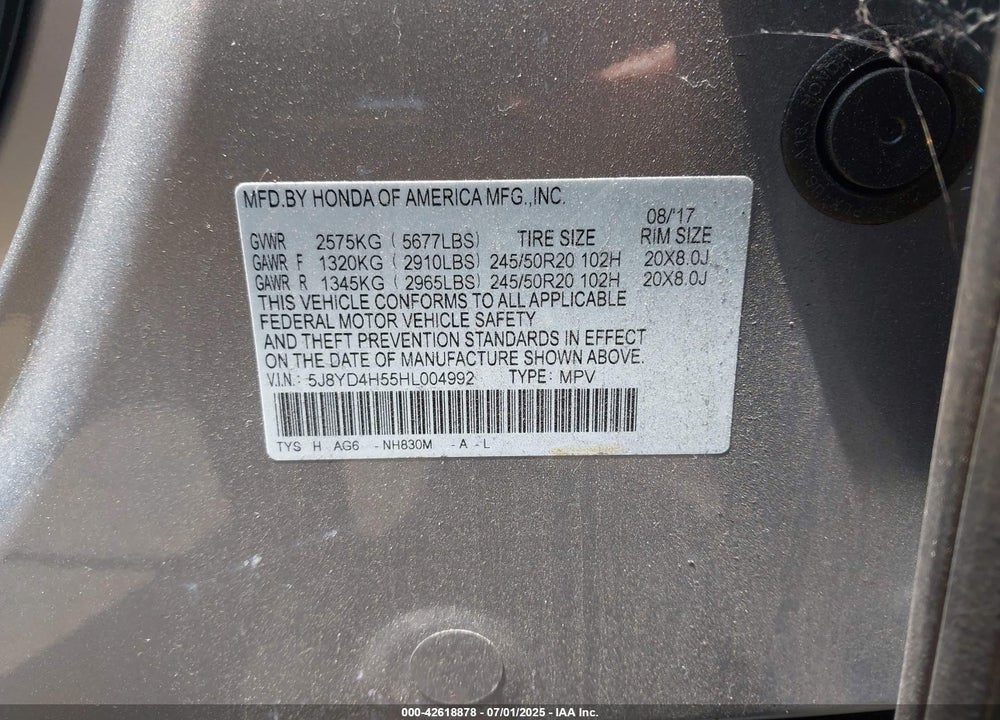 2017 ACURA MDX VIN: 5J8YD4H55HL004992