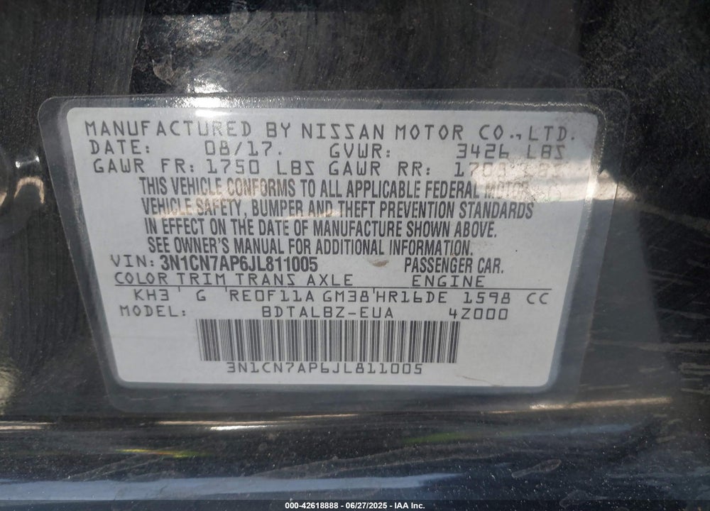 2018 NISSAN VERSA VIN: 3N1CN7AP6JL811005