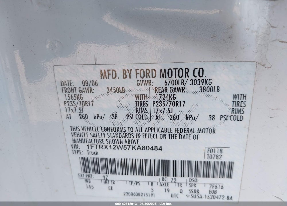 2007 FORD F-150 STX/XL/XLT VIN: 1FTRX12W57KA80484