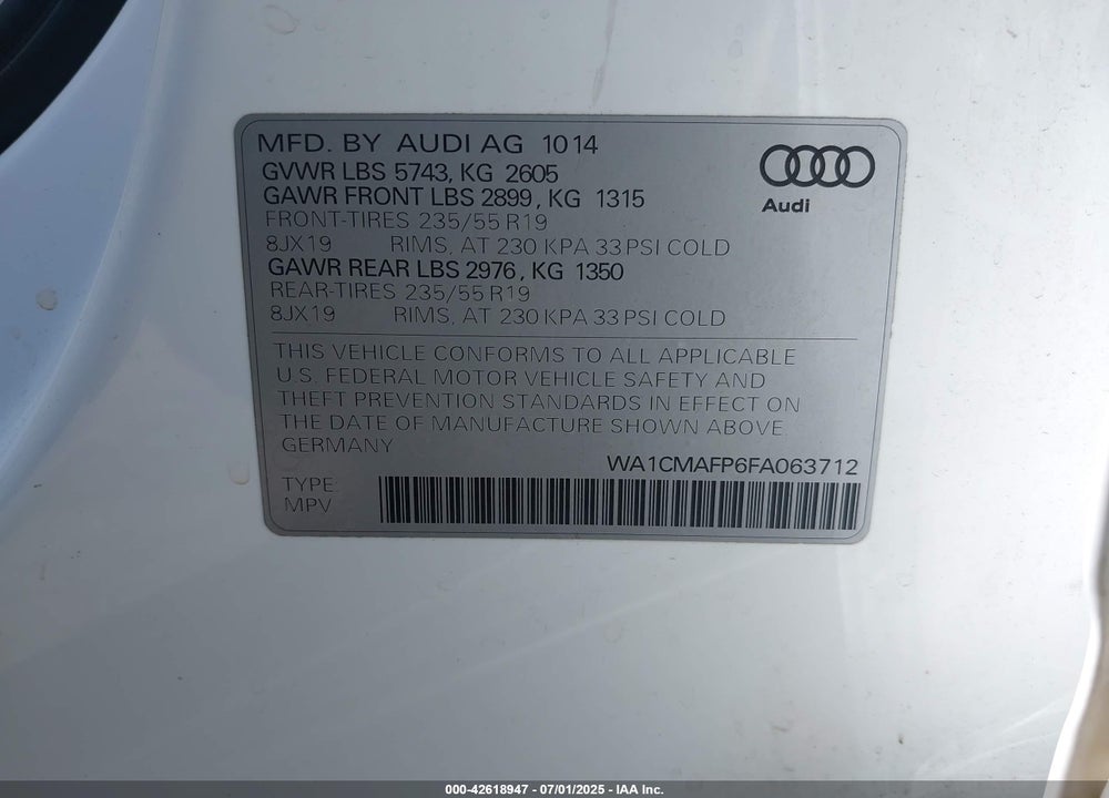 2015 AUDI Q5 VIN: WA1CMAFP6FA063712