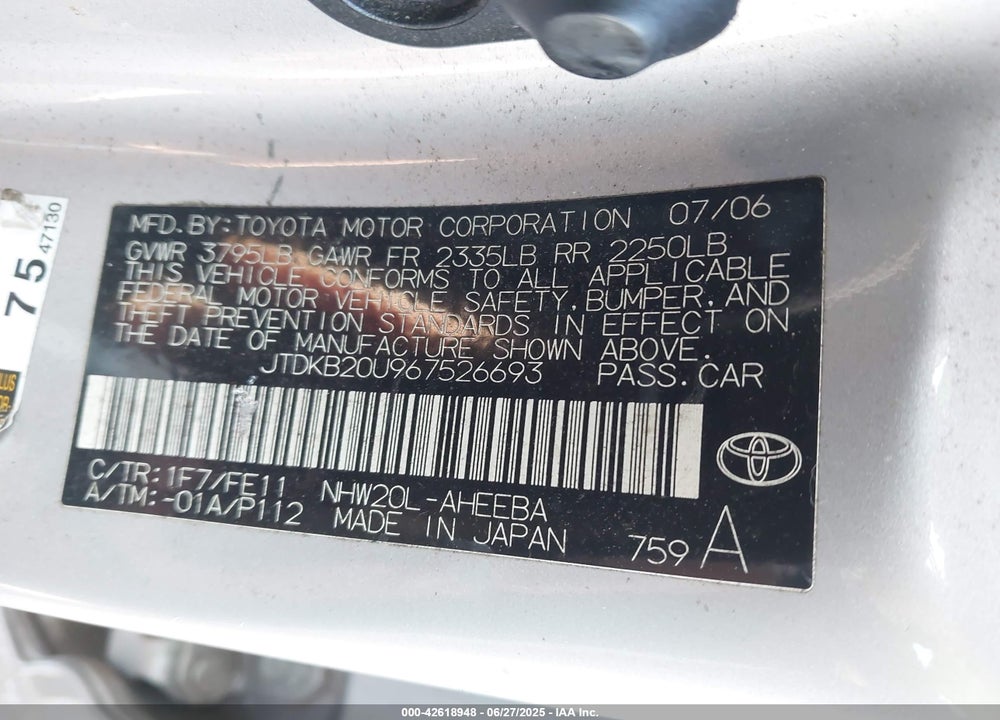 2006 TOYOTA PRIUS VIN: JTDKB20U967526693