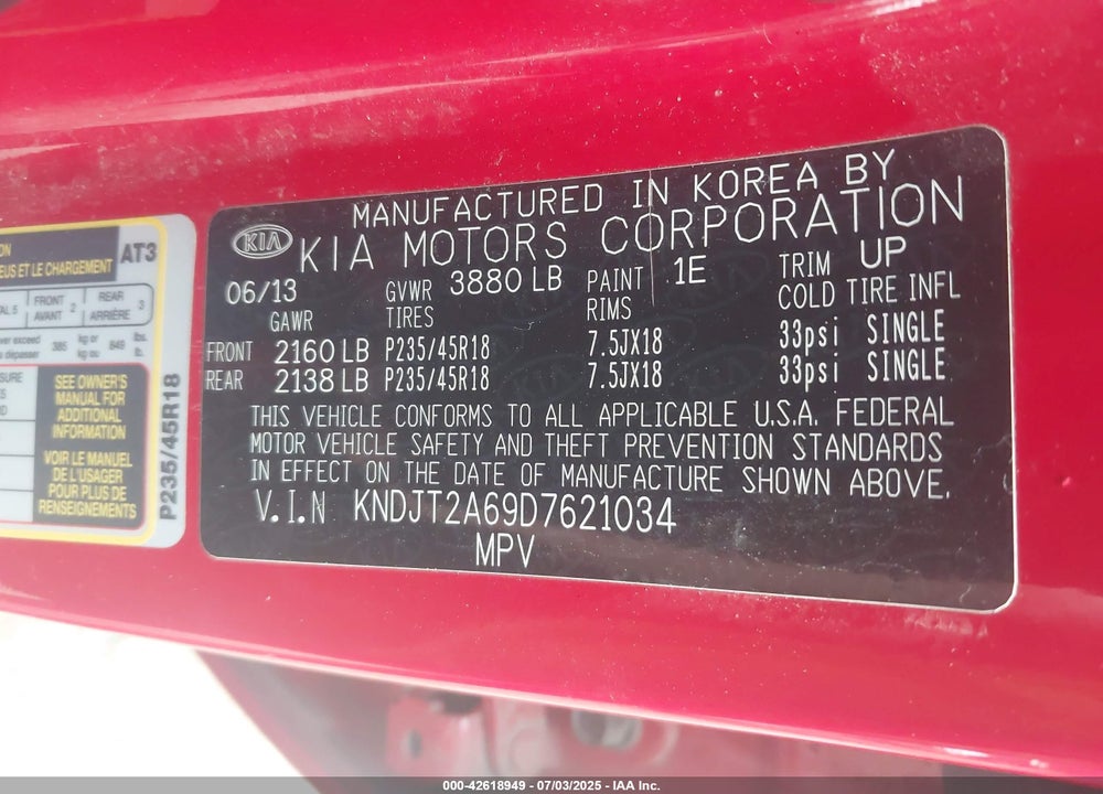 2013 KIA SOUL VIN: KNDJT2A69D7621034