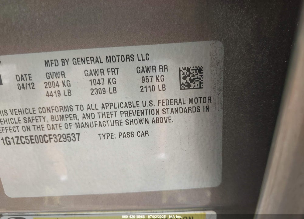 2012 CHEVROLET MALIBU VIN: 1G1ZC5E00CF329537
