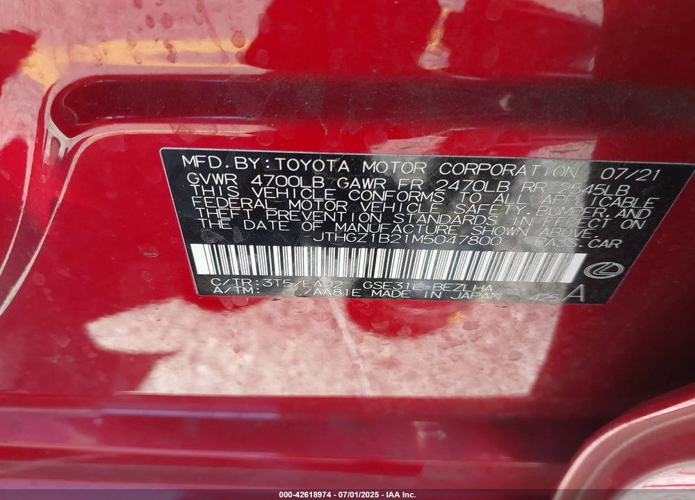 2021 LEXUS IS350 VIN: JTHGZ1B21M5047800