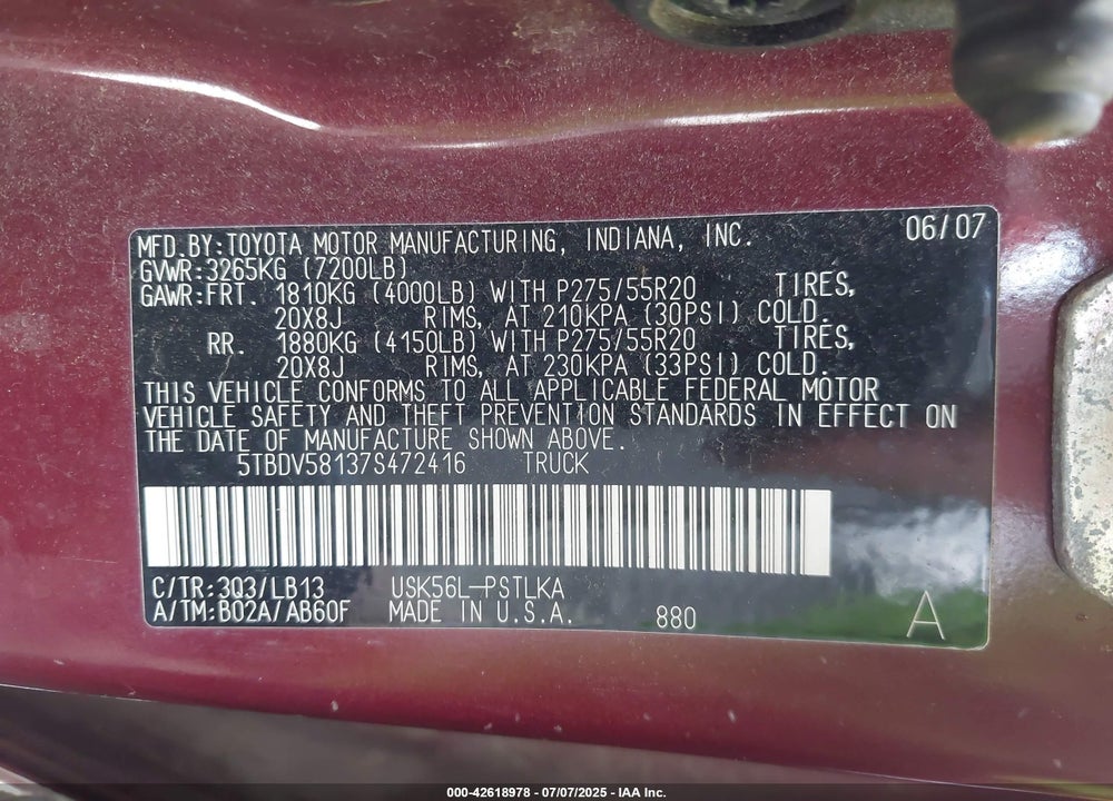 2007 TOYOTA TUNDRA LIMITED 5.7L V8 VIN: 5TBDV58137S472416