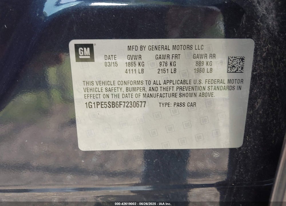 2015 CHEVROLET CRUZE 2LT AUTO VIN: 1G1PE5SB6F7230677