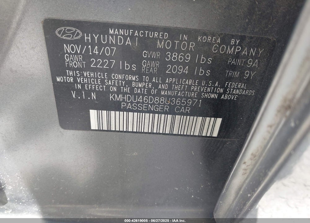 2008 HYUNDAI ELANTRA VIN: KMHDU46D88U365971