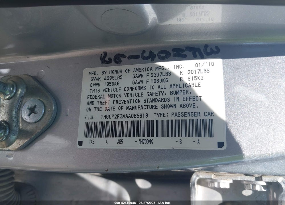 2010 HONDA ACCORD VIN: 1HGCP2F3XAA085819