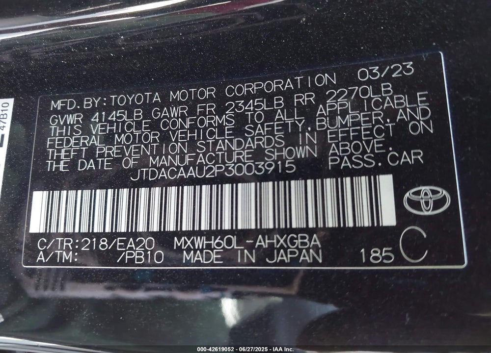 2023 TOYOTA PRIUS VIN: JTDACAAU2P3003915