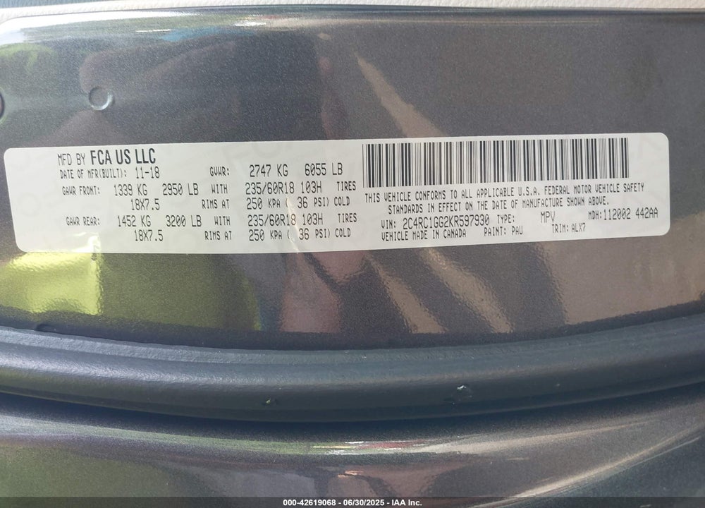 2019 CHRYSLER PACIFICA LIMITED VIN: 2C4RC1GG2KR597930
