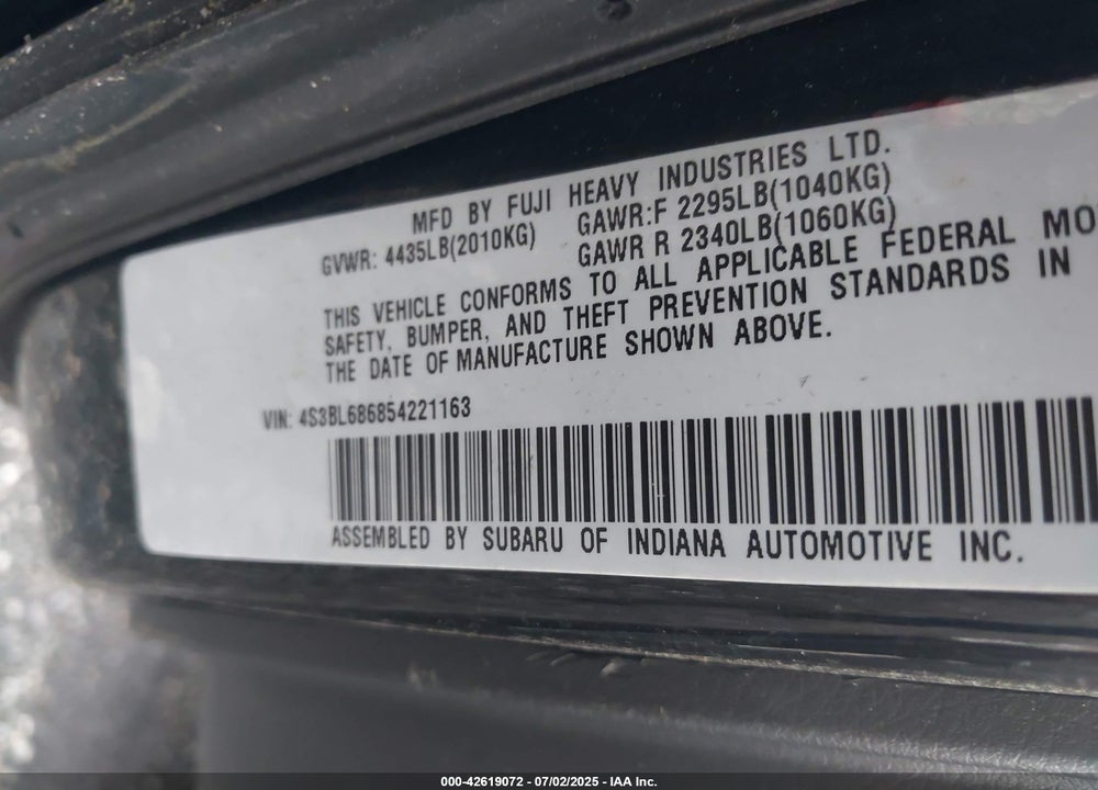 2005 SUBARU LEGACY 2.5GT VIN: 4S3BL686854221163