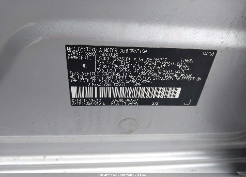 2006 TOYOTA RAV4 BASE V6 VIN: JTMZK33V265002841