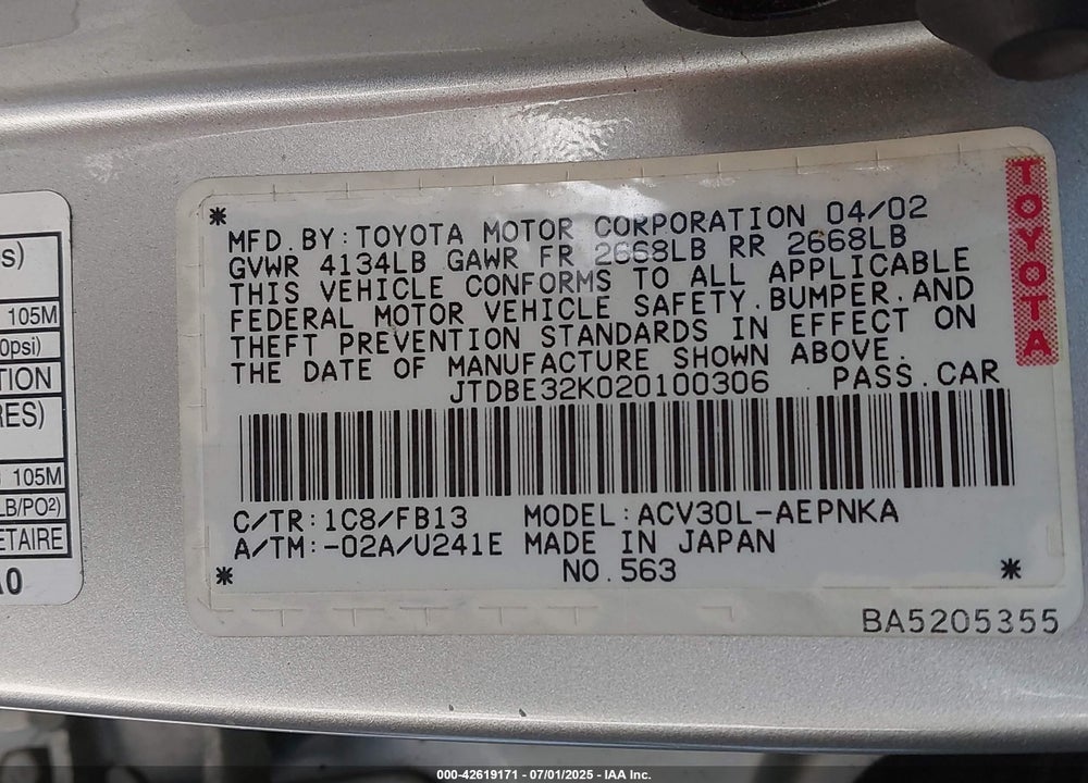 2002 TOYOTA CAMRY LE VIN: JTDBE32K020100306