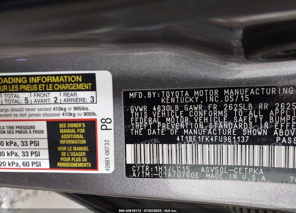 2015 TOYOTA CAMRY VIN: 4T1BF1FK4FU961137