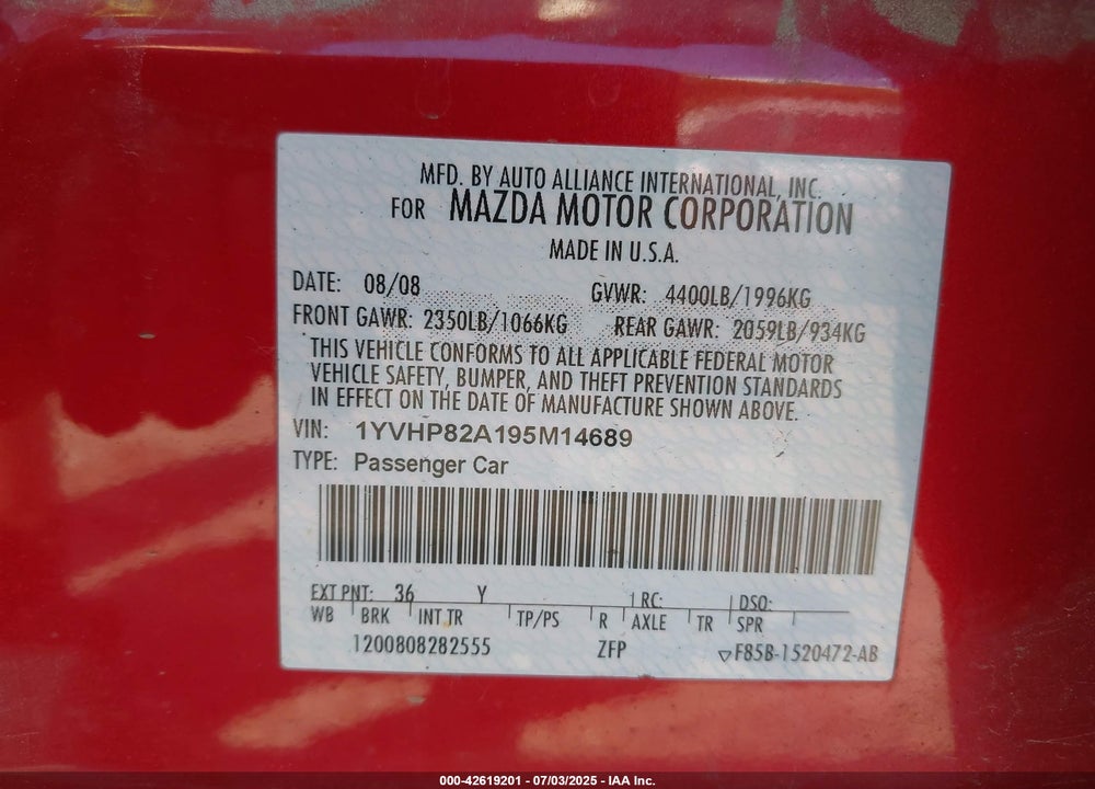 2009 MAZDA 6 I GRAND TOURING VIN: 1YVHP82A195M14689