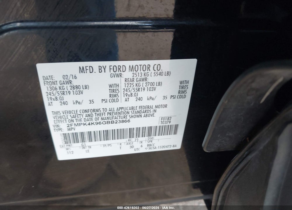2016 FORD EDGE TITANIUM VIN: 2FMPK4K96GBB23866