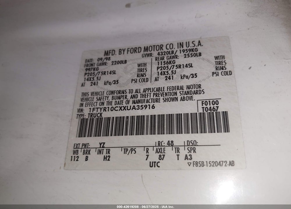 1999 FORD RANGER XL/XLT VIN: 1FTYR10CXXUA35916