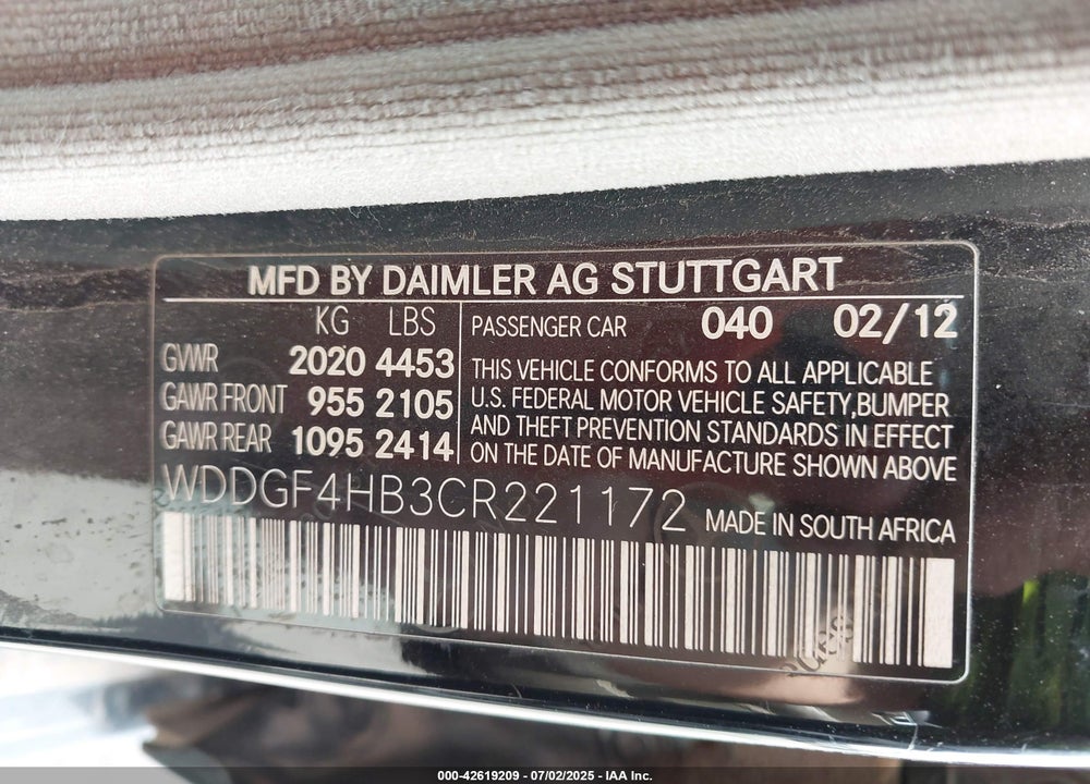 2012 MERCEDES-BENZ C CLASS VIN: WDDGF4HB3CR221172