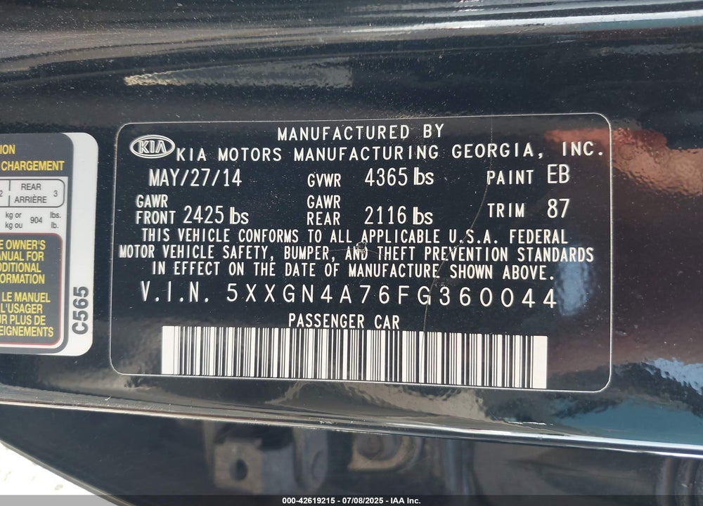 2015 KIA OPTIMA VIN: 5XXGN4A76FG360044