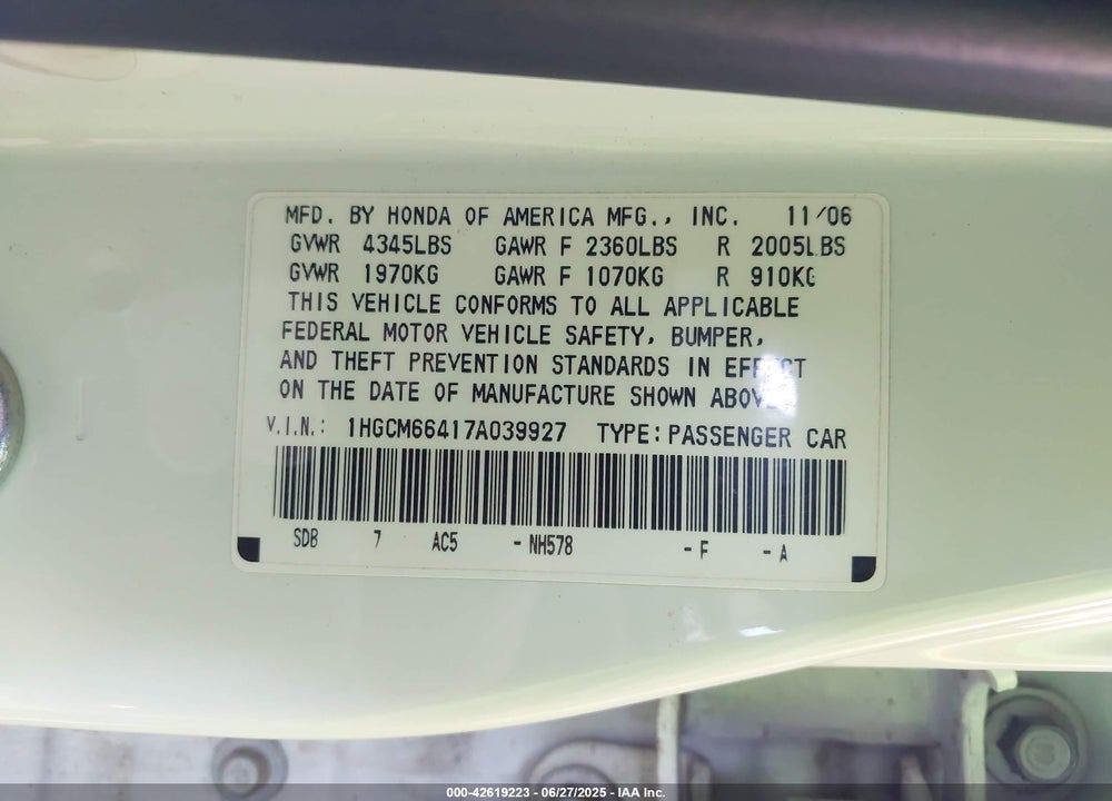 2007 HONDA ACCORD VIN: 1HGCM66417A039927