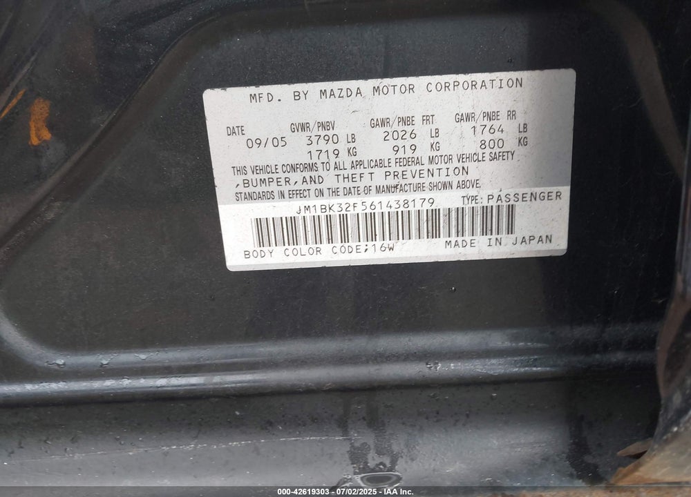 2006 MAZDA 3 VIN: JM1BK32F561438179