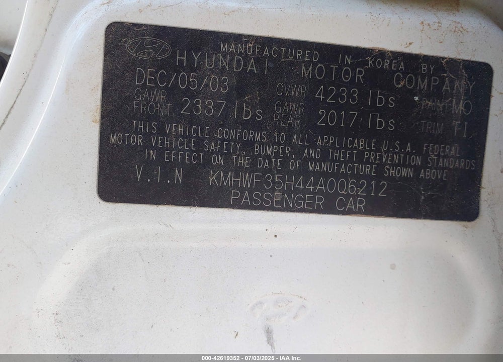 2004 HYUNDAI SONATA GLS/LX VIN: KMHWF35H44A006212