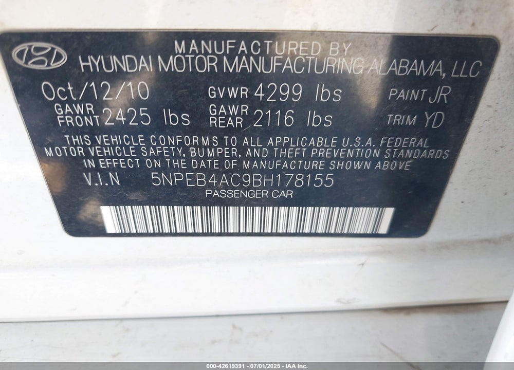 2011 HYUNDAI SONATA VIN: 5NPEB4AC9BH178155