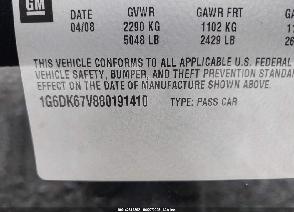 2008 CADILLAC STS V6 VIN: 1G6DK67V880191410