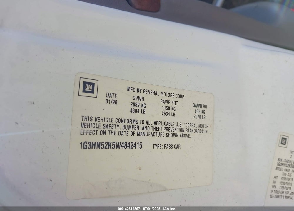 1998 OLDSMOBILE EIGHTY-EIGHT VIN: 1G3HN52K5W4842415