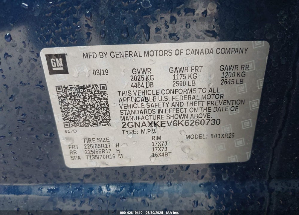 2019 CHEVROLET EQUINOX VIN: 2GNAXKEV6K6260730