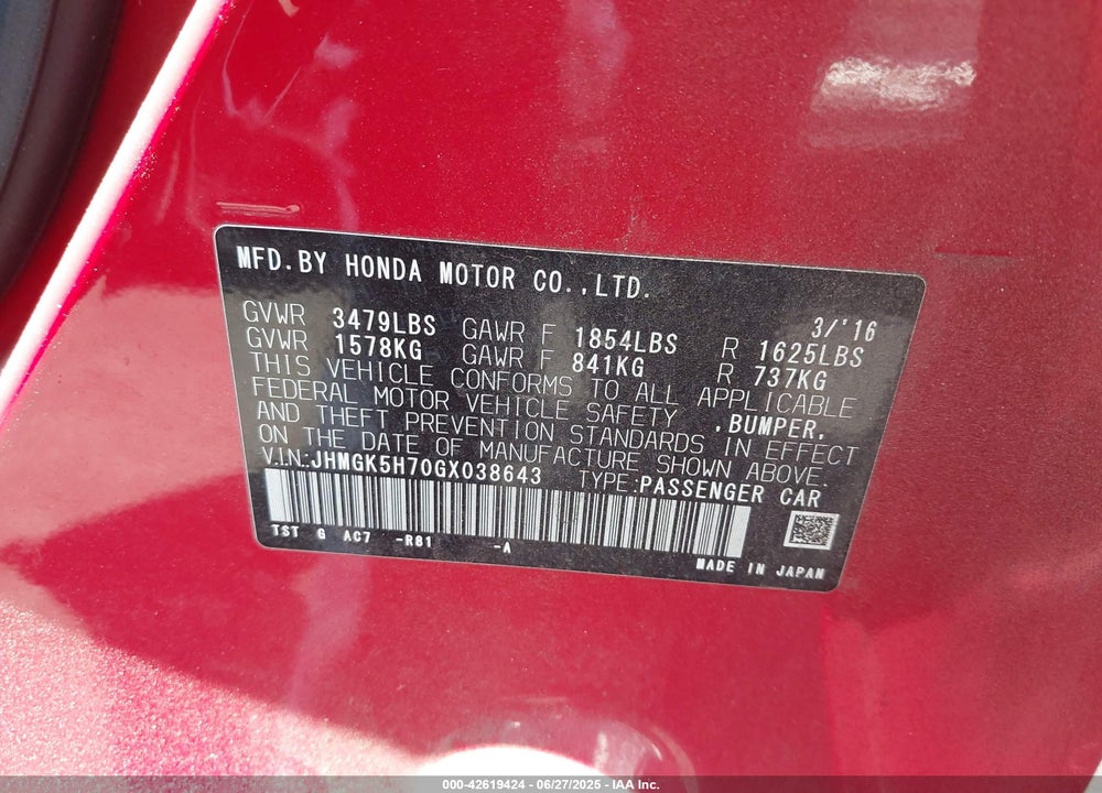 2016 HONDA FIT VIN: JHMGK5H70GX038643
