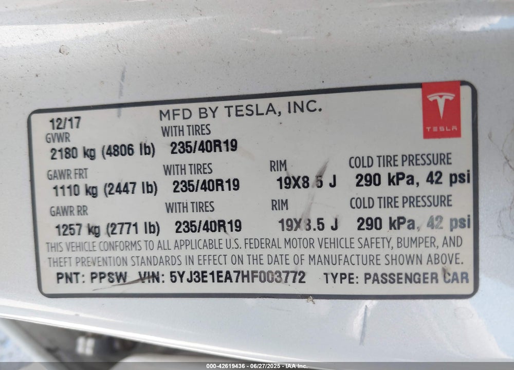 2017 TESLA MODEL 3 LONG RANGE/STANDARD VIN: 5YJ3E1EA7HF003772
