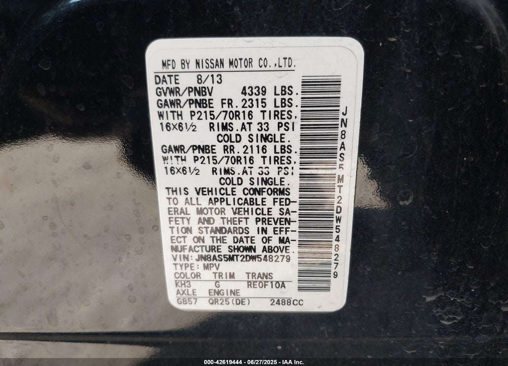 2013 NISSAN ROGUE S VIN: JN8AS5MT2DW548279