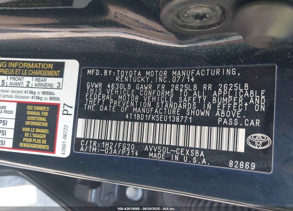 2014 TOYOTA CAMRY HYBRID VIN: 4T1BD1FK5EU138771